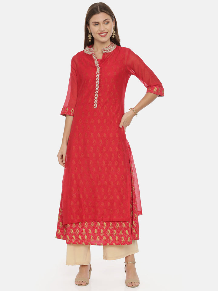 Neerus Red Chanderi Printed Straight Kurta - detail view 3