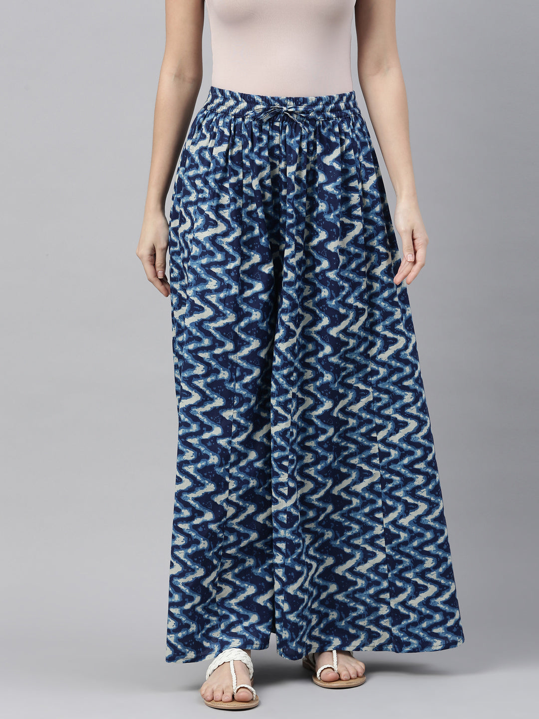 Neerus Blue cotton solid palazzo pants - back view