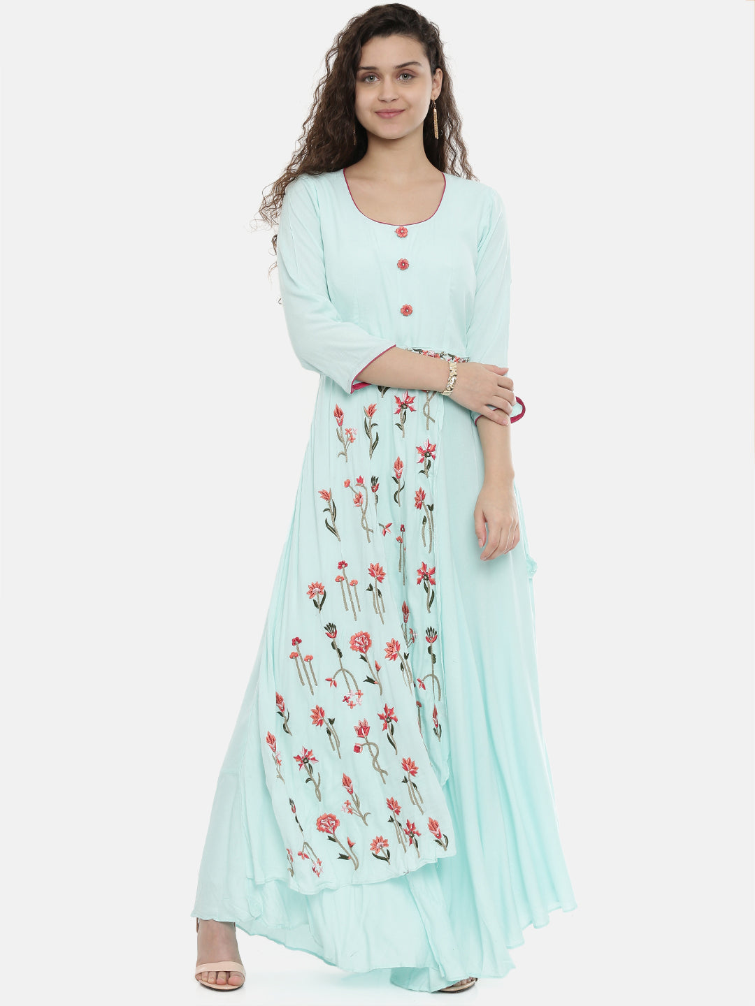 Neerus Green Rayon Embroidered A-Line Kurta - front view