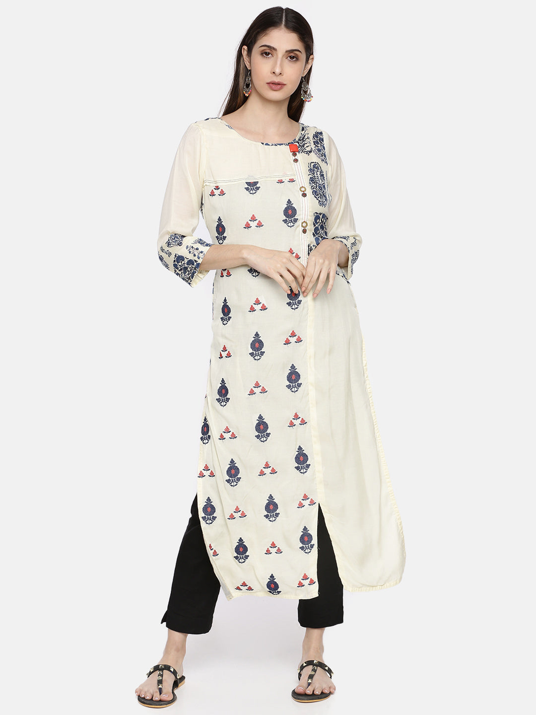 Neerus Beige cotton printed straight kurti - front view