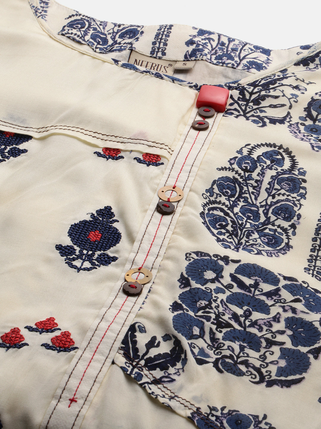 Neerus Beige cotton printed straight kurti - back view