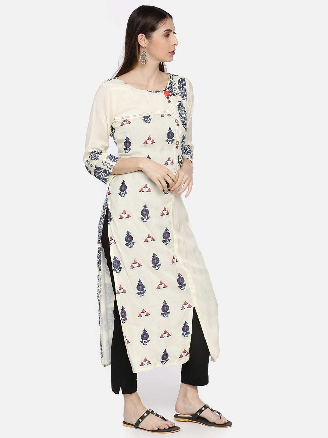 Neerus Beige cotton printed straight kurti - detail view 1