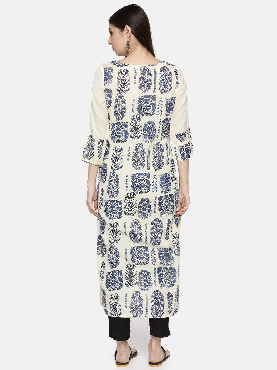 Neerus Beige cotton printed straight kurti - detail view 2