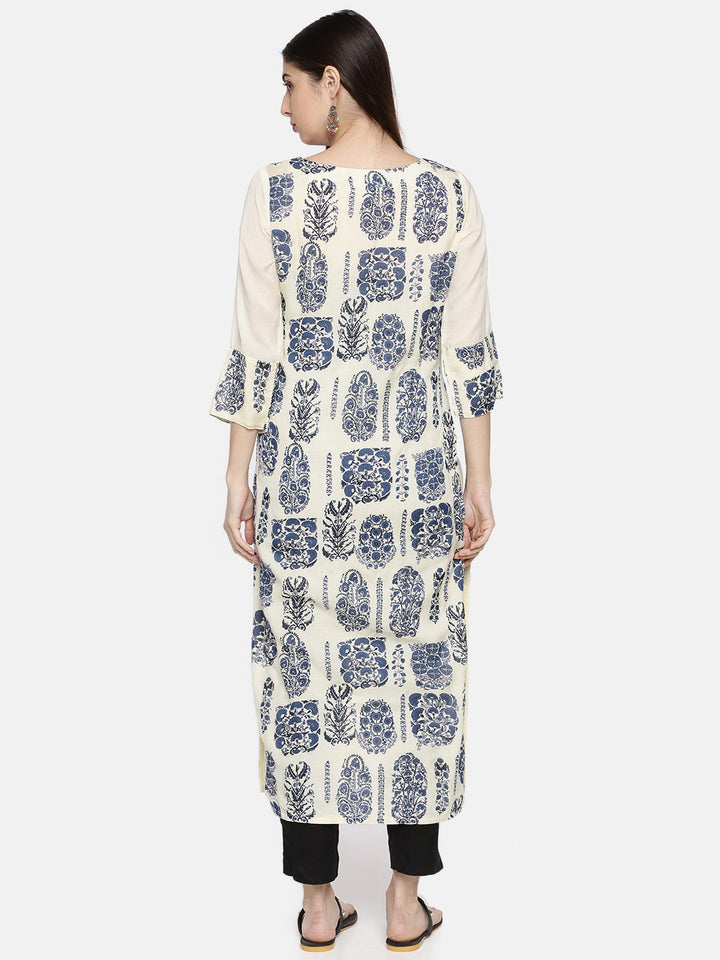 Neerus Beige cotton printed straight kurti - detail view 2