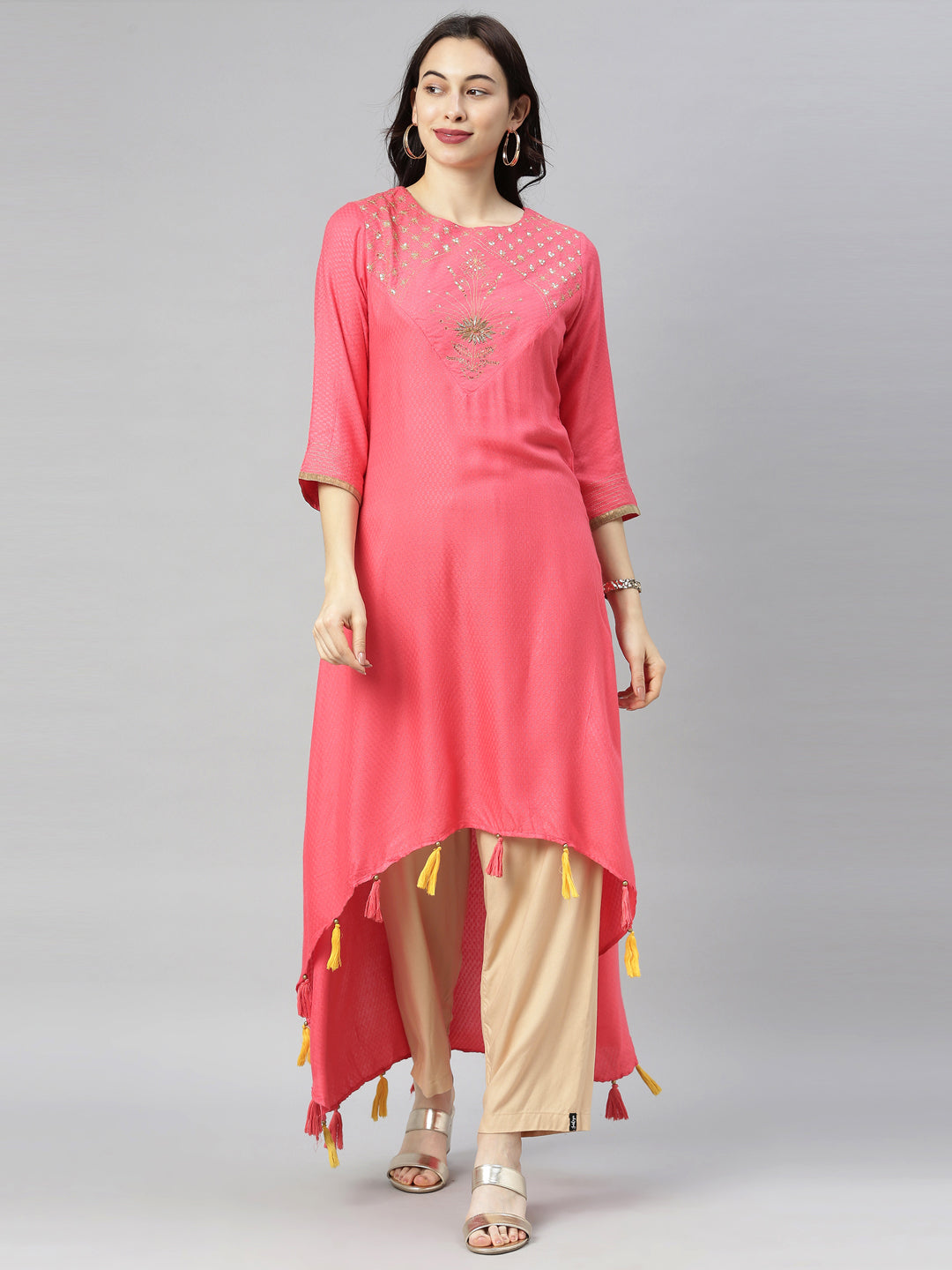 Neerus Red embellished high-low kurta - front view