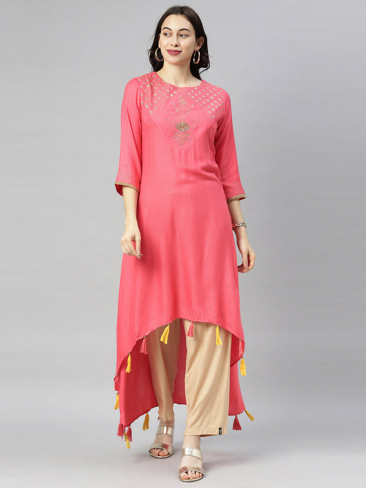 Neerus Red embellished high-low kurta - front view