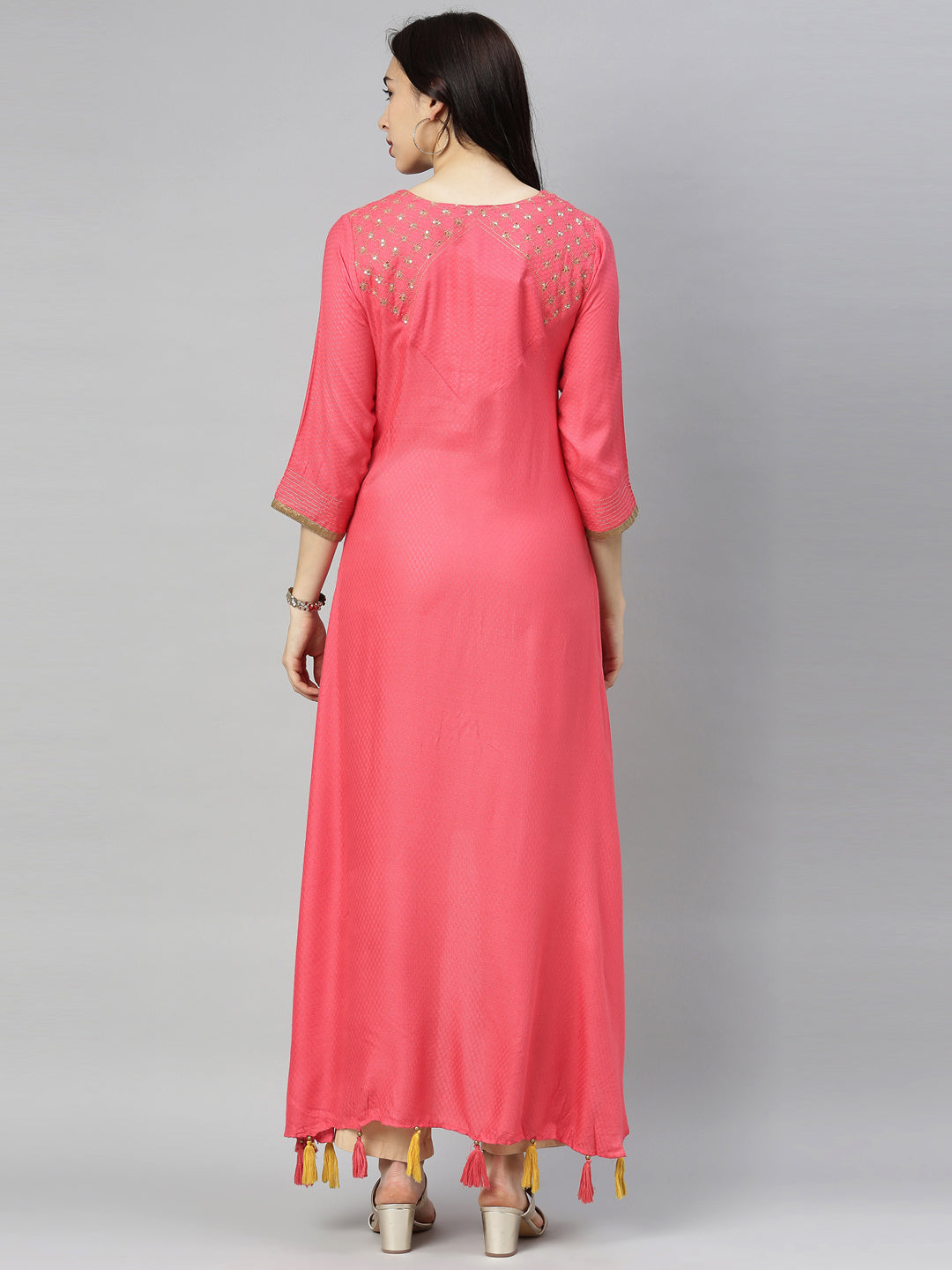 Neerus Red embellished high-low kurta - detail view 4