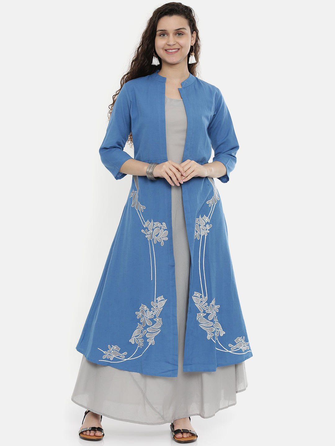 Neerus Blue embroidered layered A-Line kurta - front view