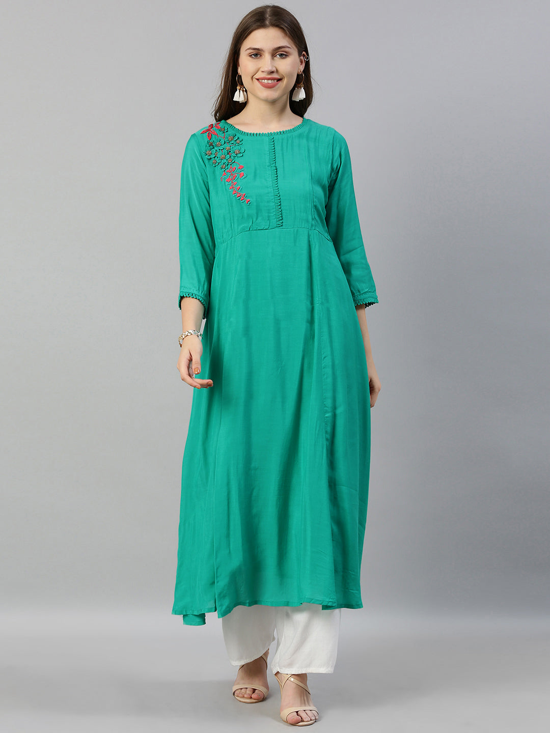 Neerus Green muslin embellished A-line kurta - front view