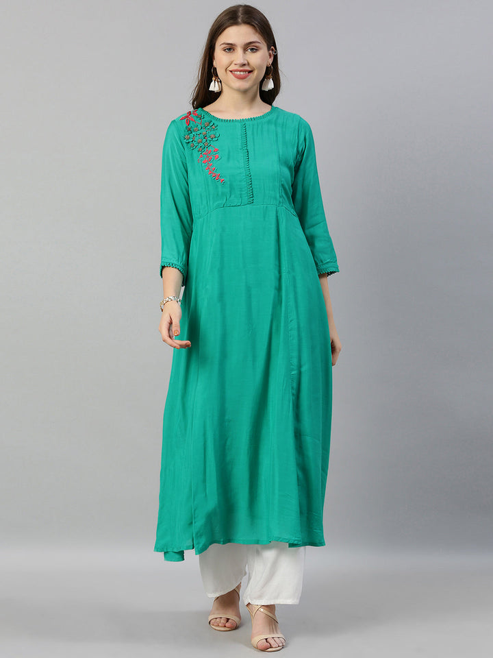 Neerus Green muslin embellished A-line kurta - front view