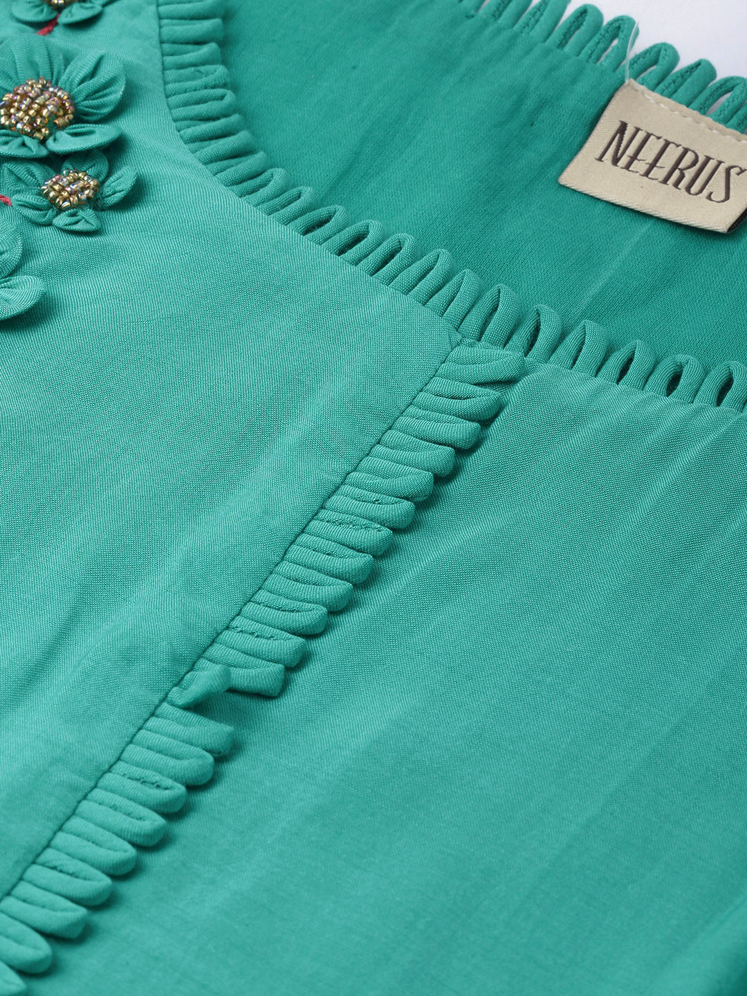 Neerus Green muslin embellished A-line kurta - back view