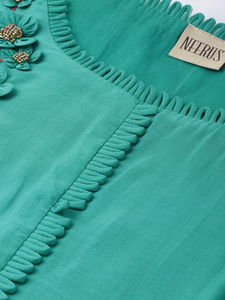 Neerus Green muslin embellished A-line kurta - back view