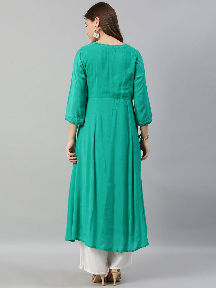 Neerus Green muslin embellished A-line kurta - detail view 1