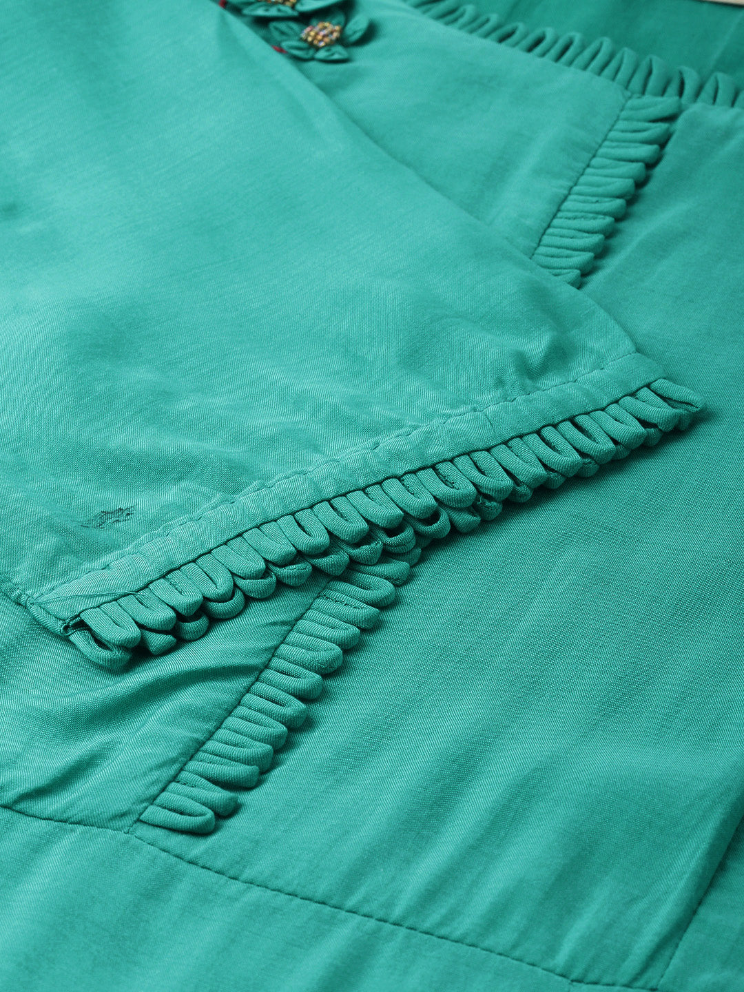 Neerus Green muslin embellished A-line kurta - detail view 3