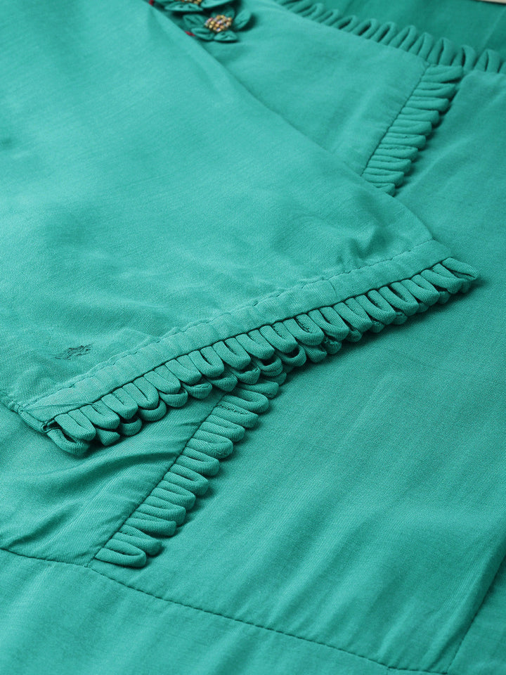 Neerus Green muslin embellished A-line kurta - detail view 3