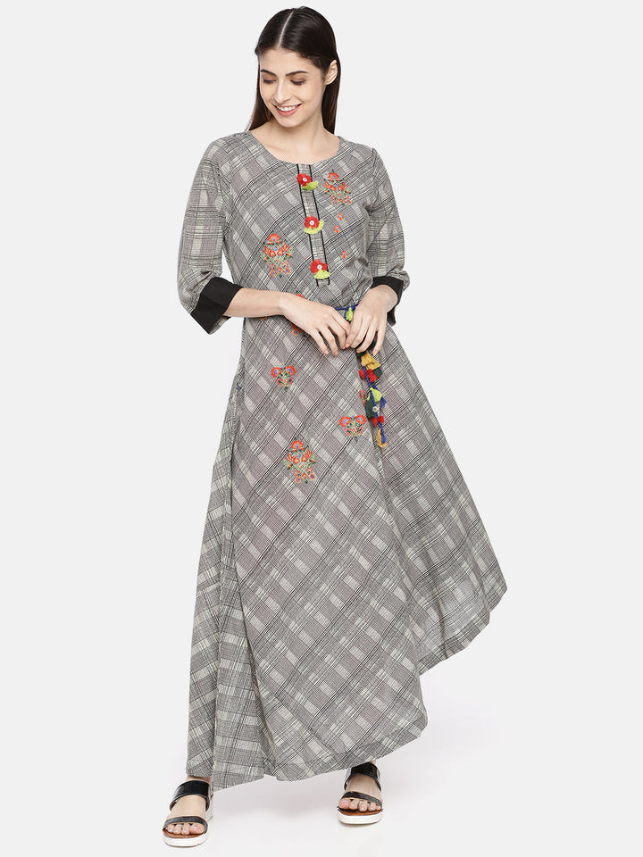 Neerus Black cotton printed A-Line kurta high-low hem - front view