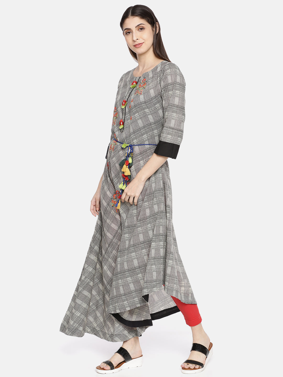 Neerus Black cotton printed A-Line kurta high-low hem - side view
