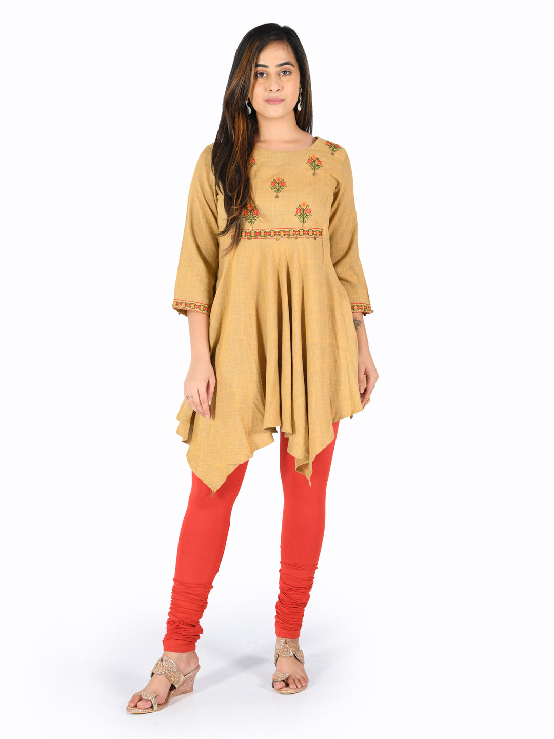 Neerus Beige rayon embroidered high-low kurta - front view