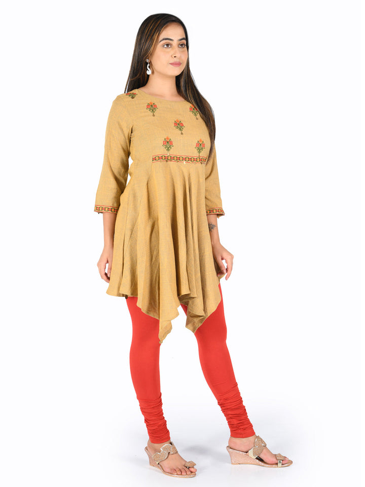Neerus Beige rayon embroidered high-low kurta - back view