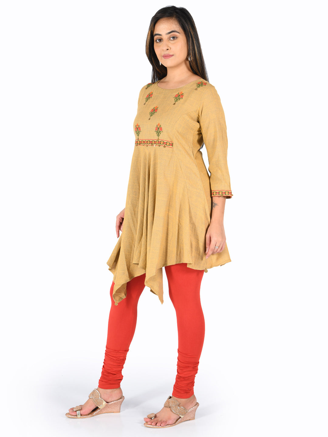 Neerus Beige rayon embroidered high-low kurta - side view