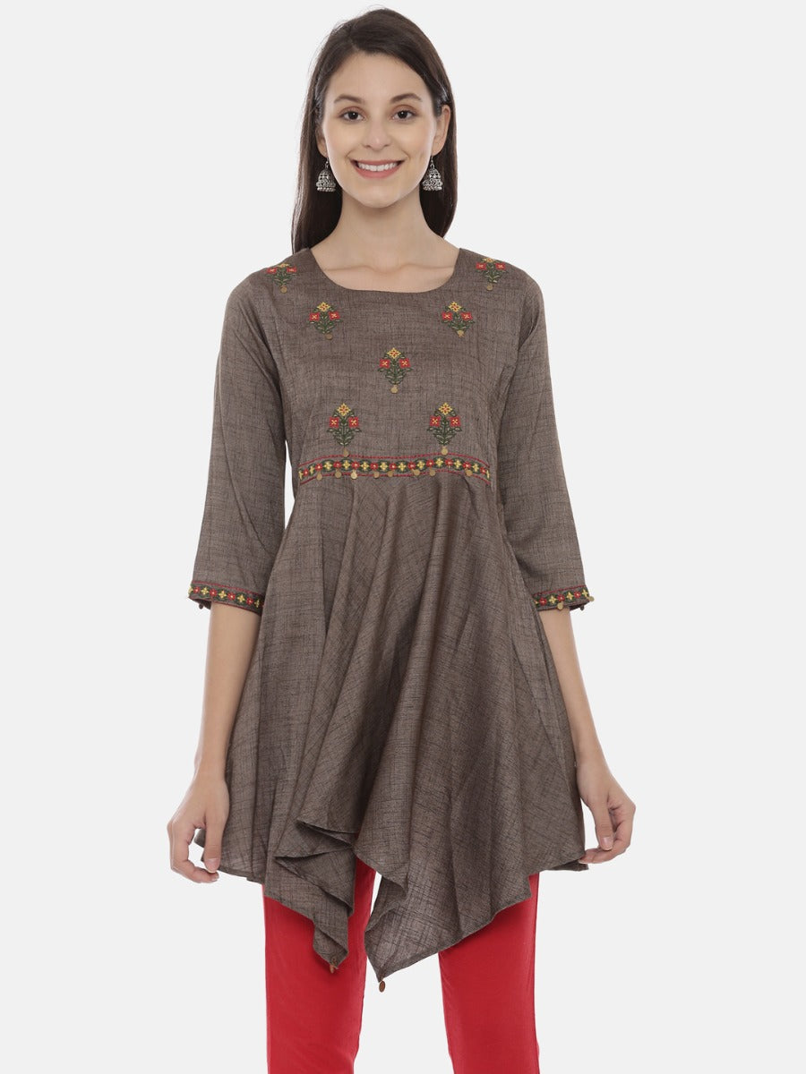 Neerus Grey rayon embroidered high-low kurta - front view