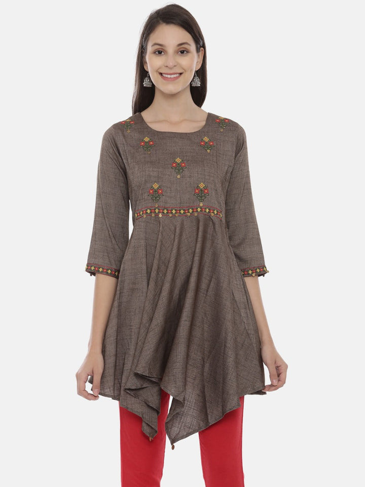 Neerus Grey rayon embroidered high-low kurta - front view