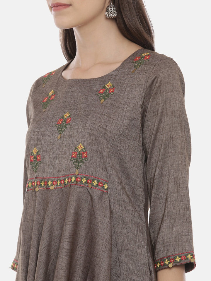 Neerus Grey rayon embroidered high-low kurta - back view