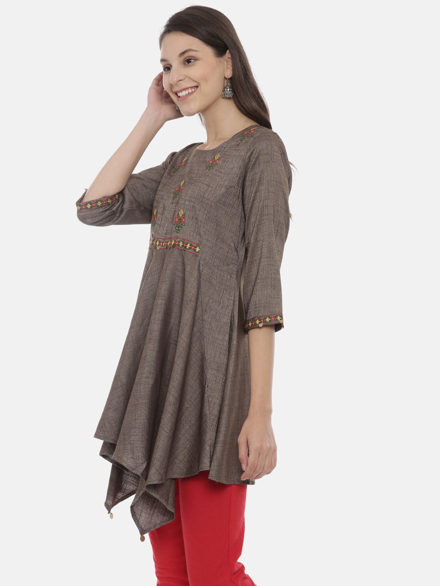 Neerus Grey rayon embroidered high-low kurta - side view