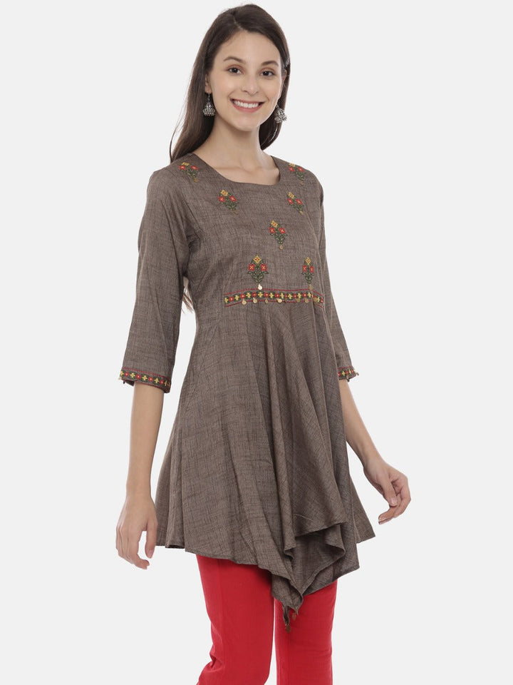 Neerus Grey rayon embroidered high-low kurta - detail view 1