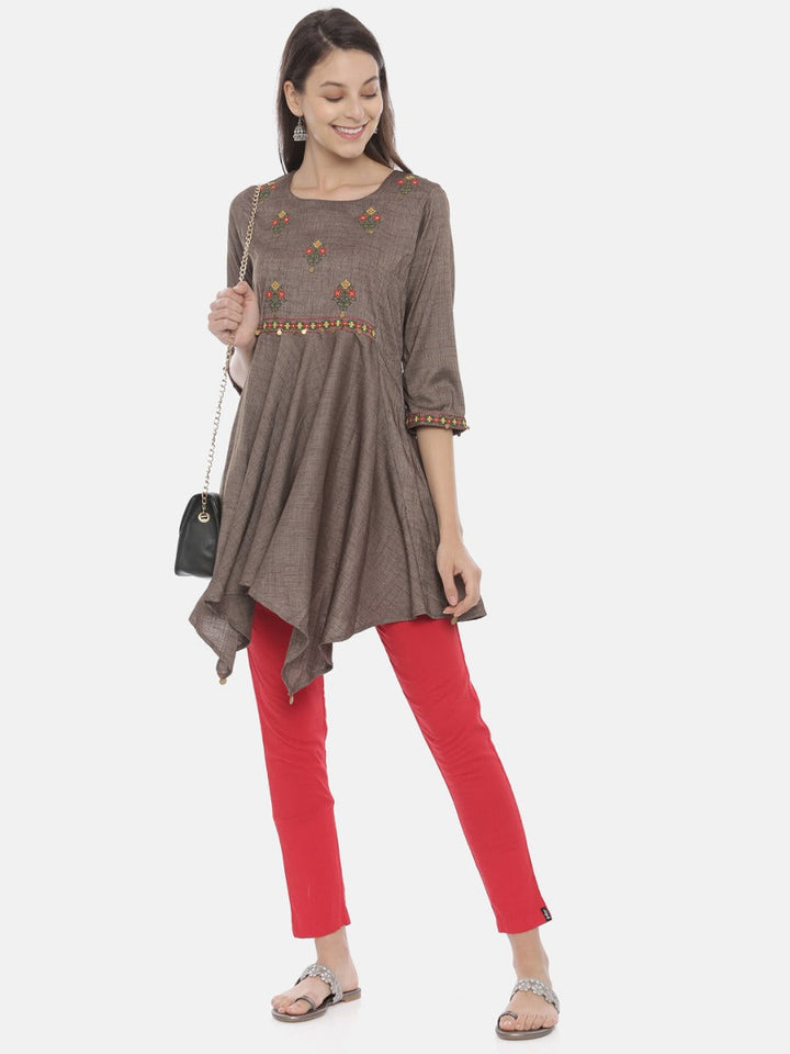 Neerus Grey rayon embroidered high-low kurta - detail view 3