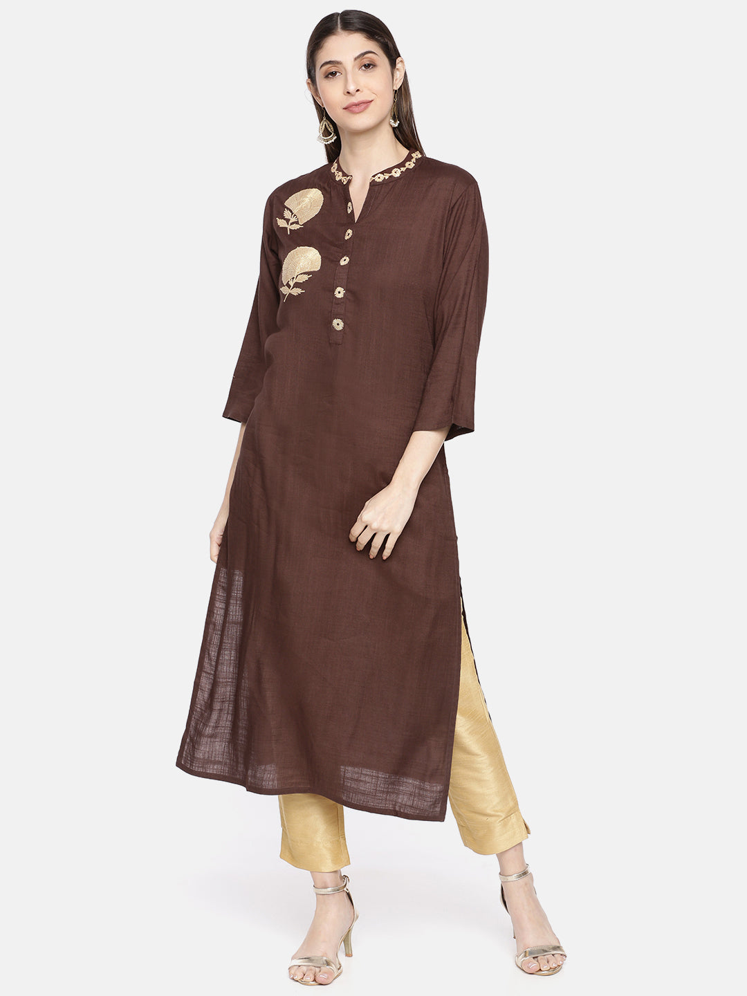 Neerus Brown rayon embroidered straight kurta - front view