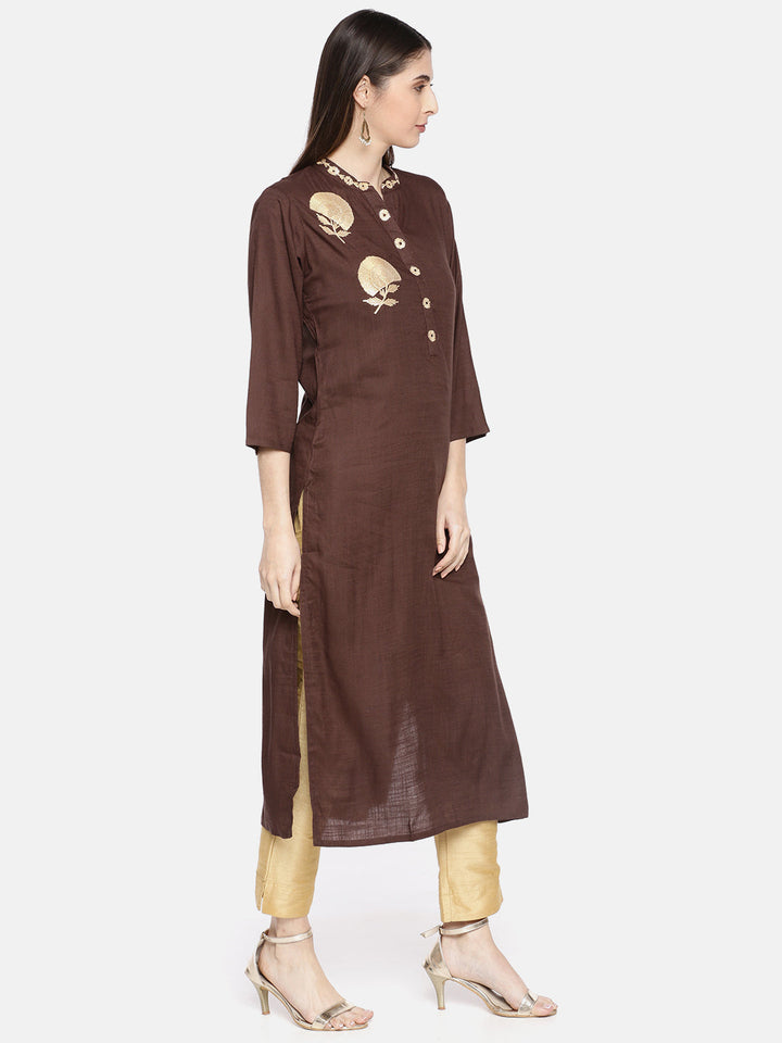 Neerus Brown rayon embroidered straight kurta - side view