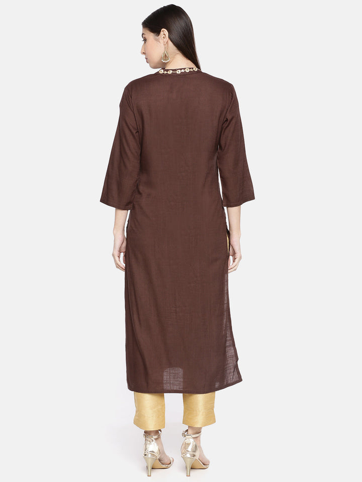 Neerus Brown rayon embroidered straight kurta - detail view 1