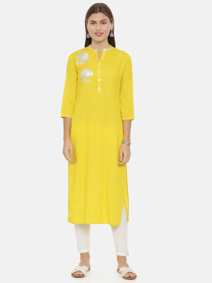 Neerus Yellow rayon embellished straight kurta - front view