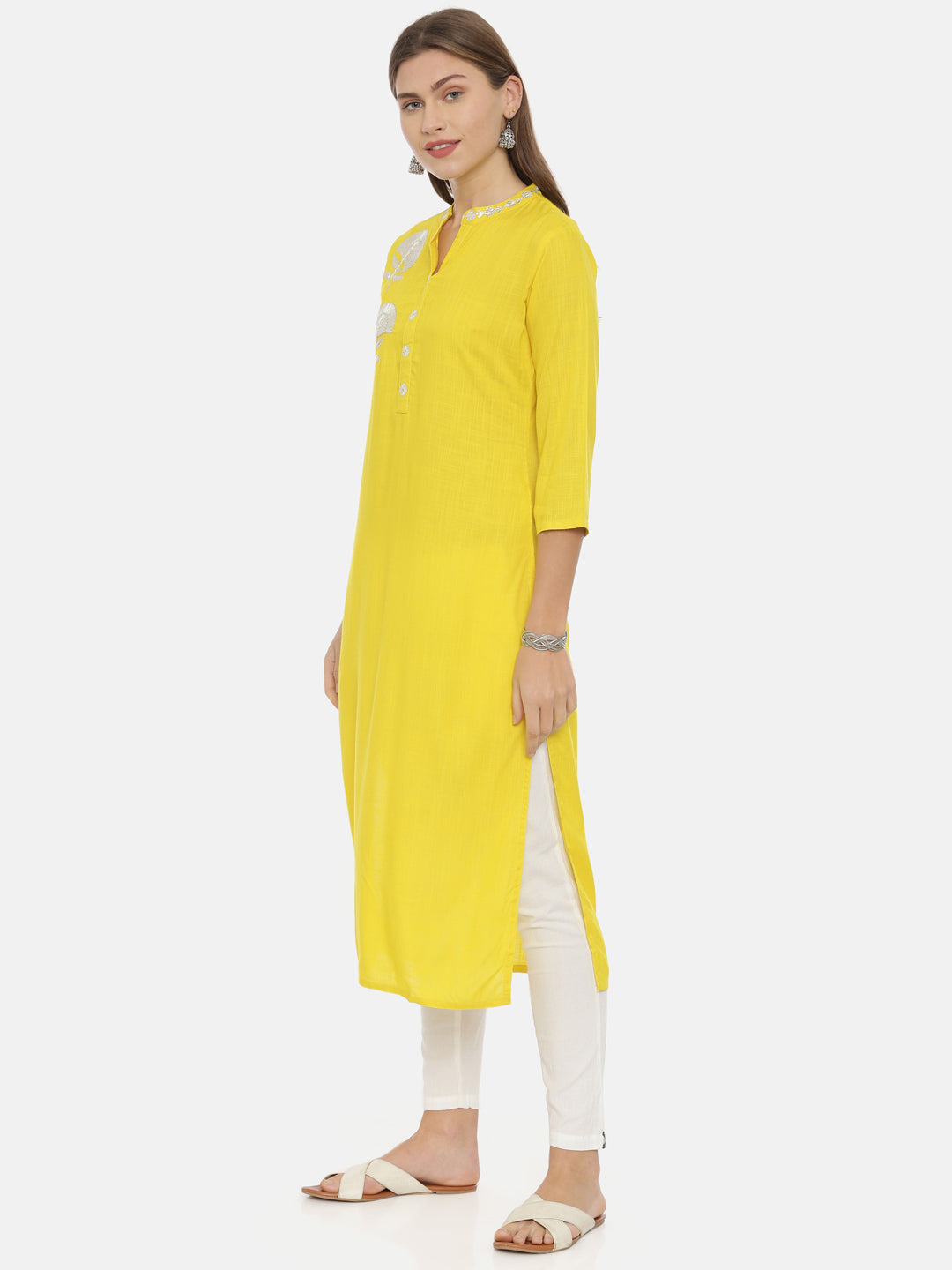 Neerus Yellow rayon embellished straight kurta - side view