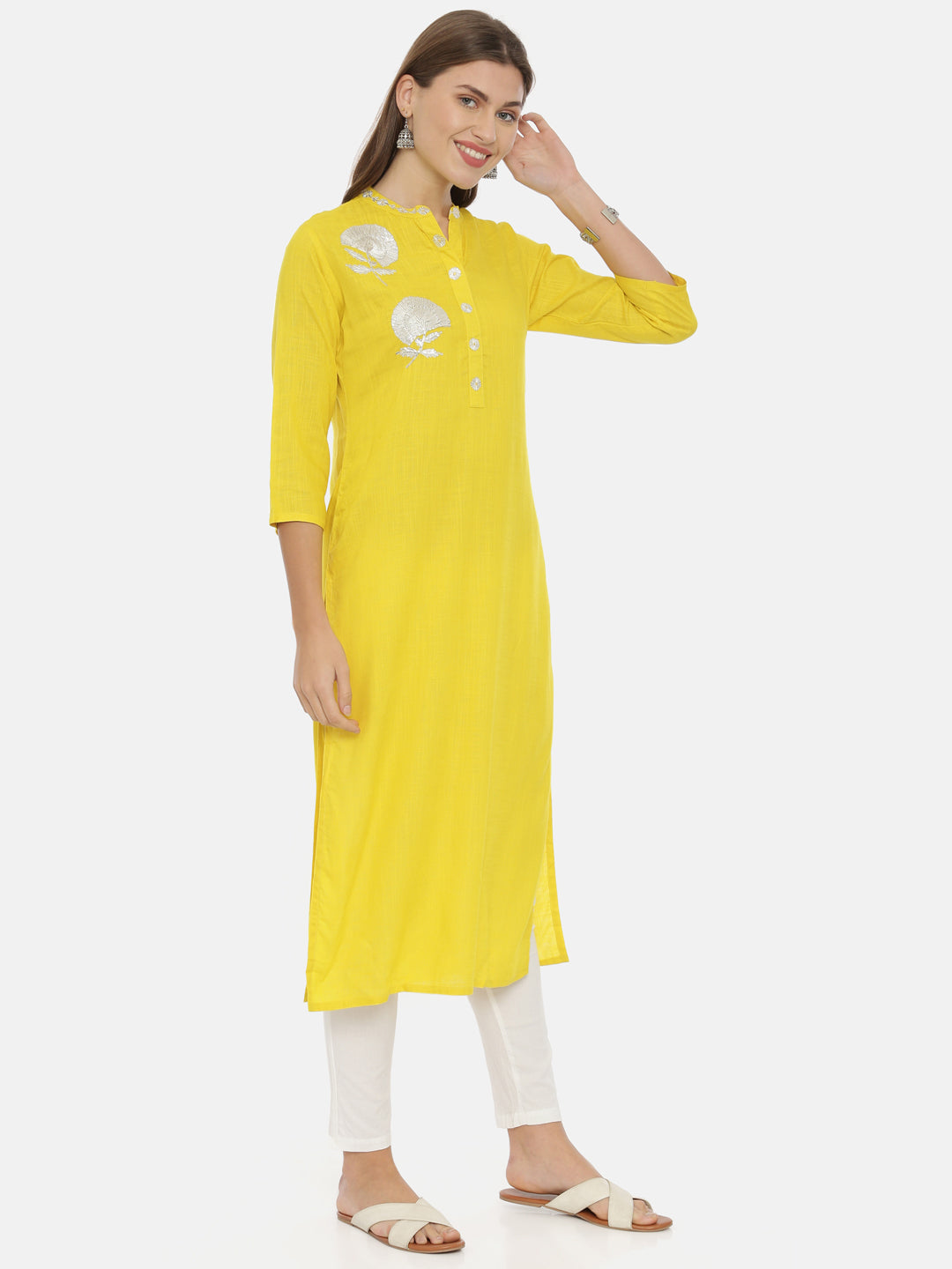 Neerus Yellow rayon embellished straight kurta - detail view 1
