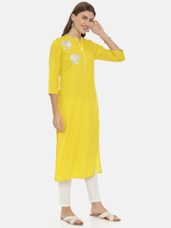 Neerus Yellow rayon embellished straight kurta - detail view 1