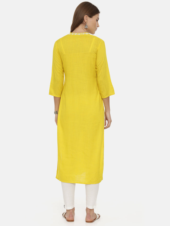 Neerus Yellow rayon embellished straight kurta - detail view 2