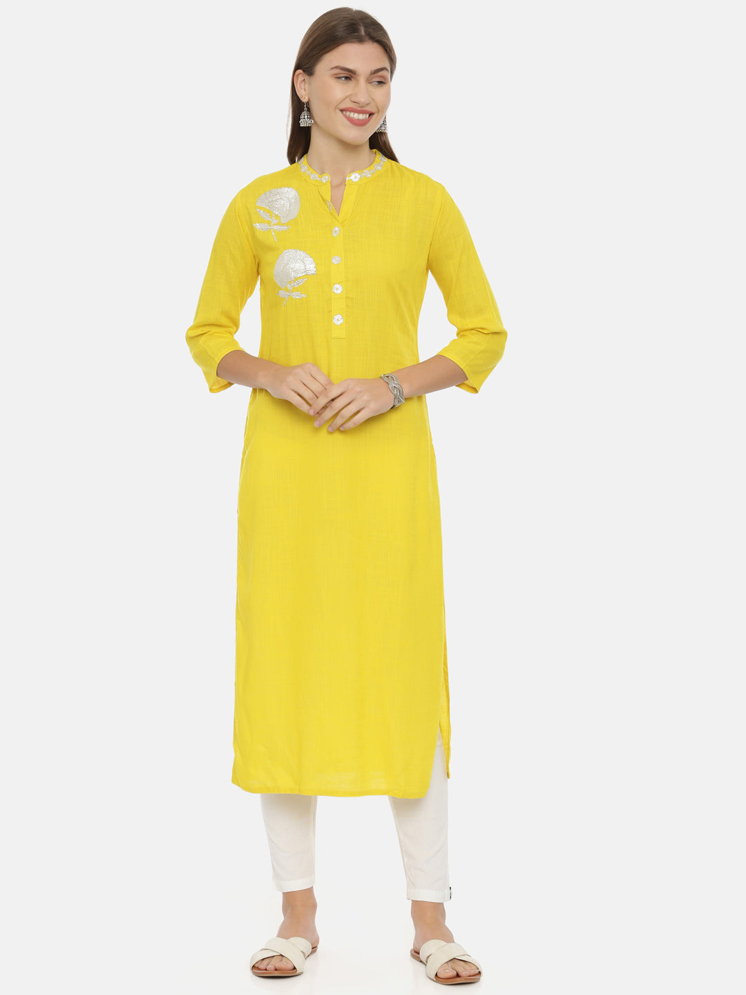 Neerus Yellow rayon embellished straight kurta - detail view 3