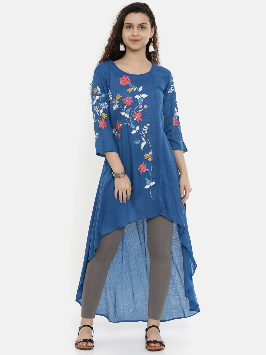 Neerus Blue rayon embroidered A-line kurta - front view