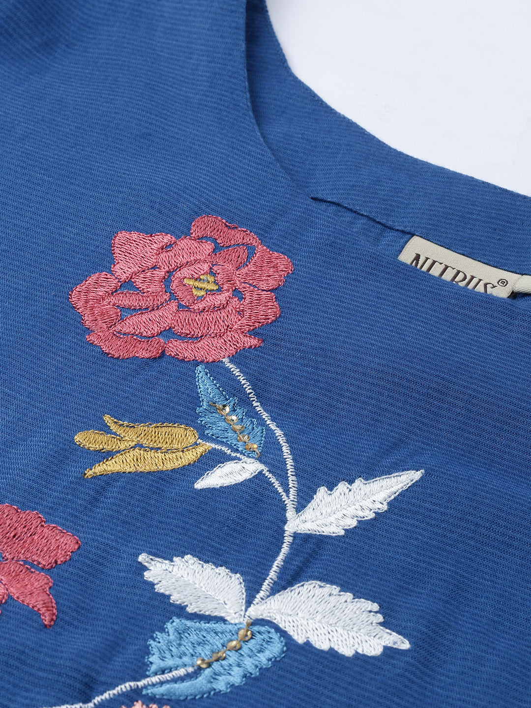 Neerus Blue rayon embroidered A-line kurta - back view