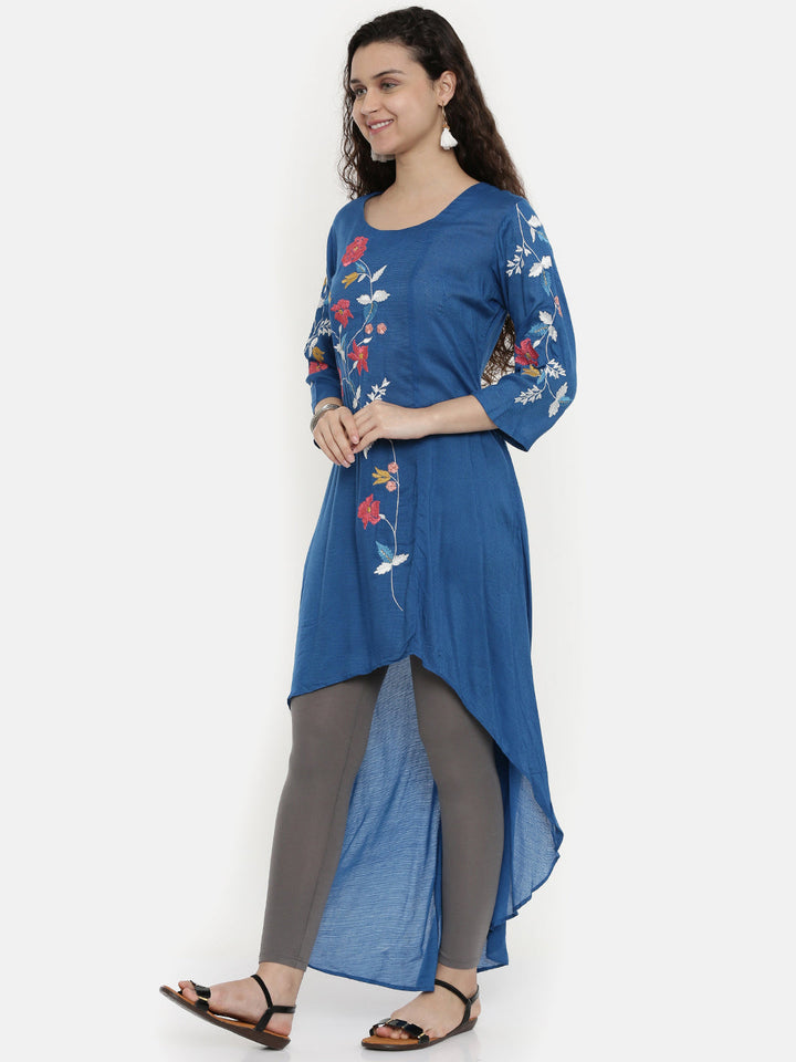 Neerus Blue rayon embroidered A-line kurta - side view