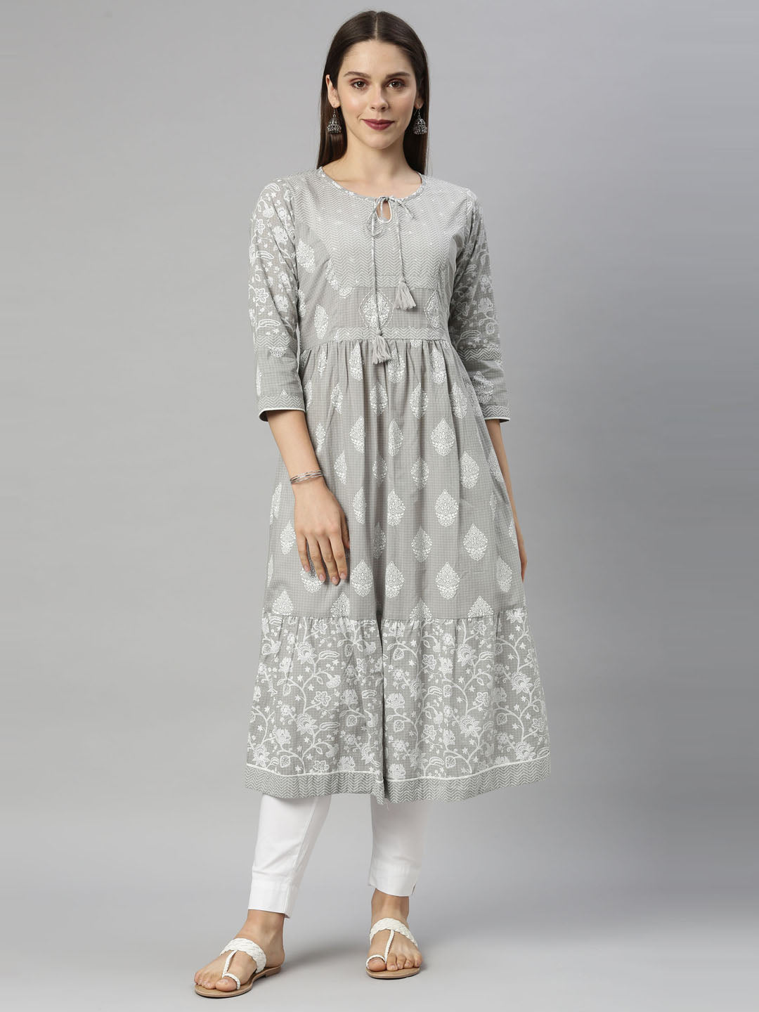 Neerus Grey cotton solid kurti tunic - front view