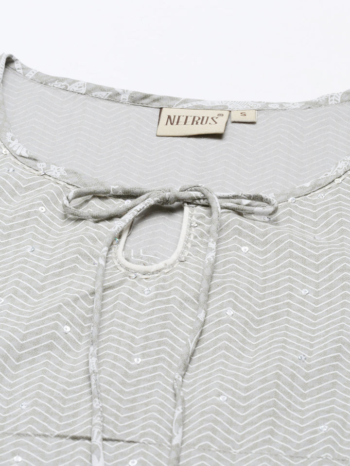 Neerus Grey cotton solid kurti tunic - back view