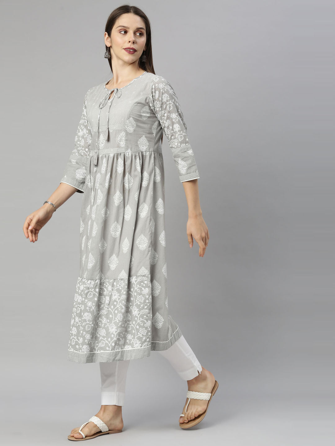 Neerus Grey cotton solid kurti tunic - detail view 1