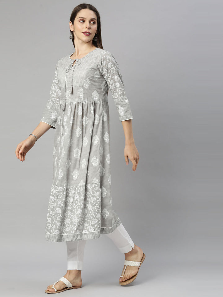 Neerus Grey cotton solid kurti tunic - detail view 1
