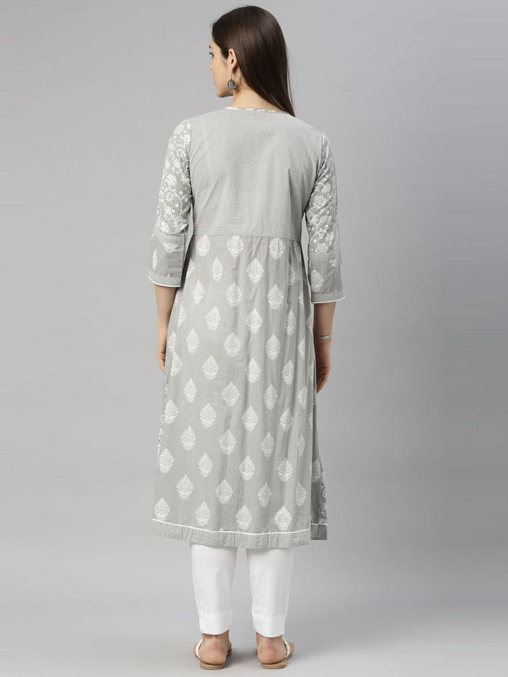 Neerus Grey cotton solid kurti tunic - detail view 3