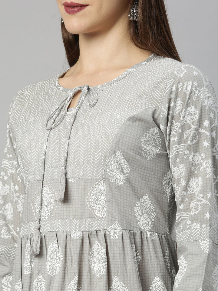 Neerus Grey cotton solid kurti tunic - detail view 5
