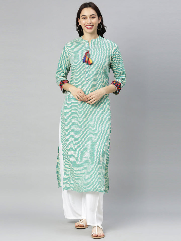 Neerus Green striped printed straight kurta - front view