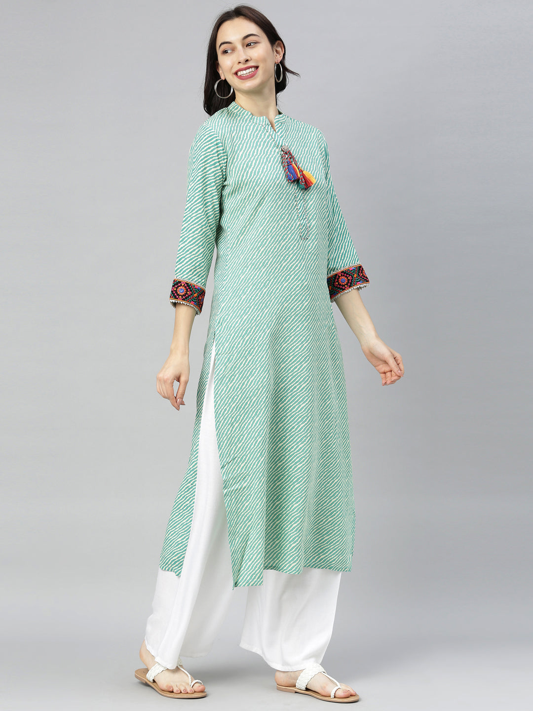 Neerus Green striped printed straight kurta - detail view 3